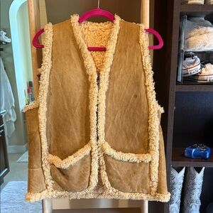 Tan Shearling Wool Vest with Pockets